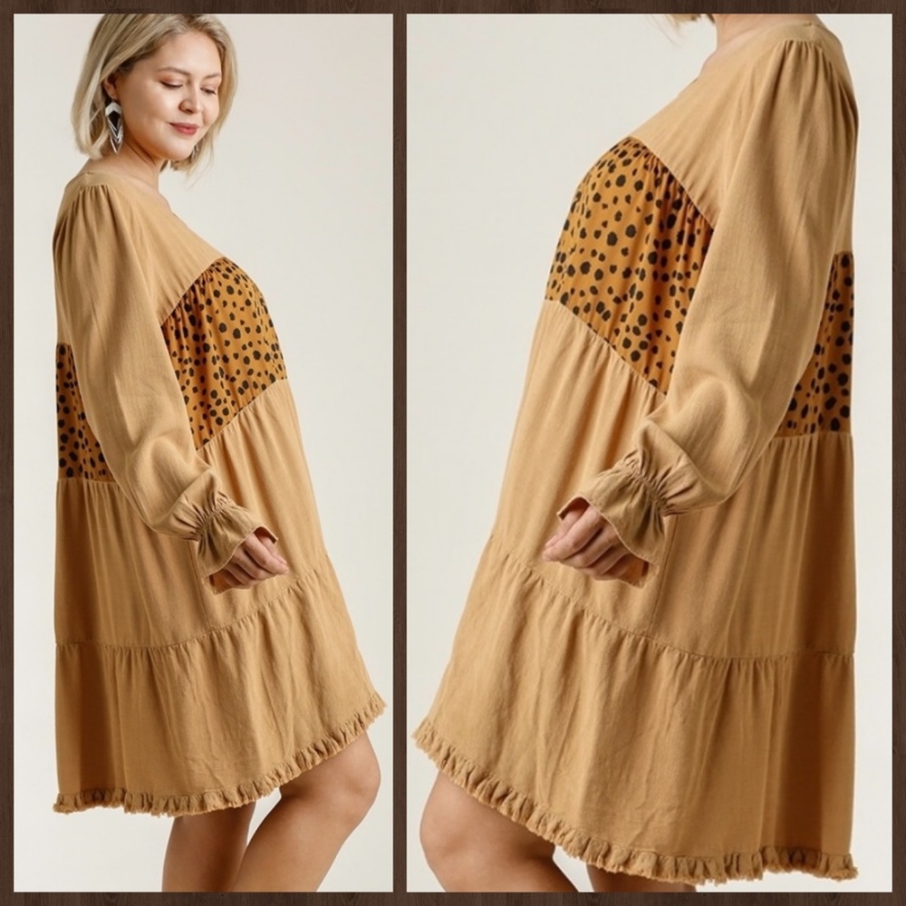UMGEE Puff Sleeve & Ruffled Cuff Tiered Babydoll Dress Fringe Hem W/Animal Print - Picture 2 of 16